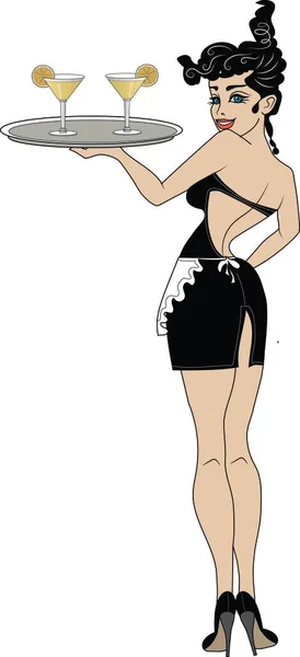 A cute waitress holds a tray with two glasses of white wine in her hand