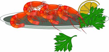 Shrimps, a slice of lemon and fragrant parsley leaves on a large tray.