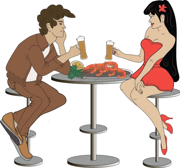 Young Man Woman Have Good Rest Drink Beer Eat Shrimp — Stok fotoğraf