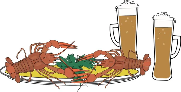Tray Crayfish Two Mugs Beer — Fotografia de Stock