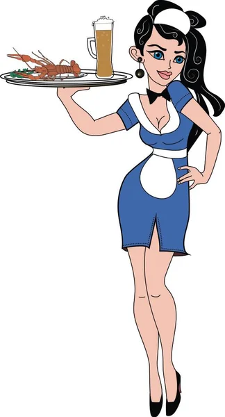 A beautiful girl waiter in a beer bar carries a tray with beer and crayfish to the client