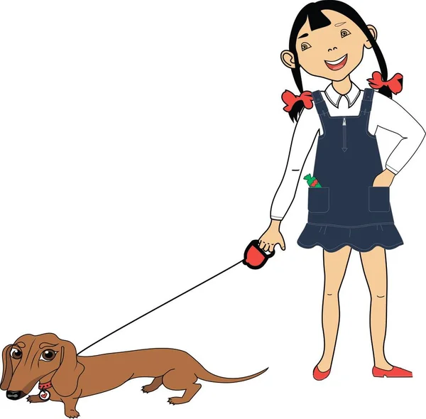 Cheerful Little Girl Loves Her Red Dachshund Dog — Stock Fotó
