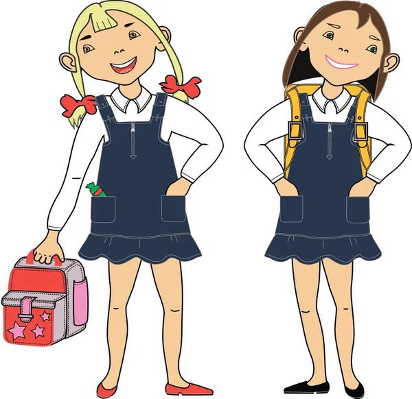 Two girls, two girlfriends go to school in the first grade