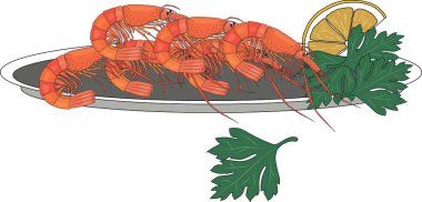 Shrimps, a slice of lemon and fragrant parsley leaves on a large tray