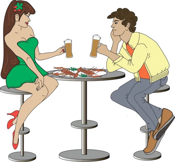 A guy and a girl drink beer and eat crayfish in a beer bar
