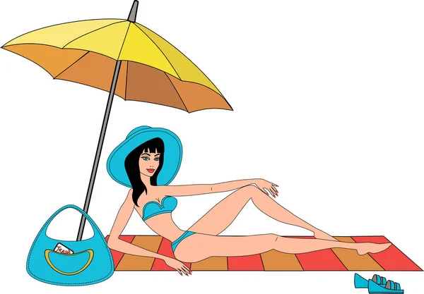 Young Girl Blue Swimsuit Resting Umbrella Seashore — ストック写真