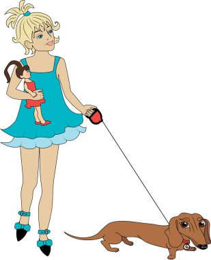 A girl in a blue dress with a doll and a dog..