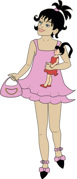 Девушка Розовом Платье Куклой Сумочкой — стоковое фото