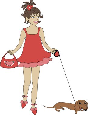 Little girl in a red dress with a dachshund dog and a handbag