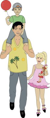 A little boy sits on his father's shoulders and rejoices