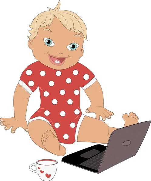 The baby is very interested in dad's laptop