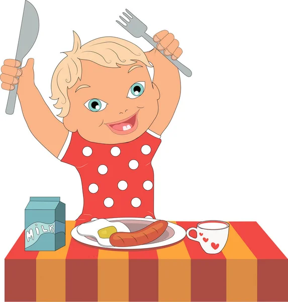 Çocuk çocuk masasına oturur ve yemek yer.