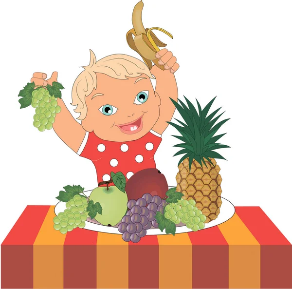 The kid loves fruits very much, especially bananas, grapes, apples and pineapple