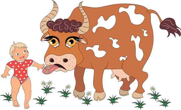 Fedya Pequena Aldeia Alimenta Vaca Lucy Com Uma Flor — Fotografia de Stock