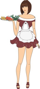 Neşeli garson elinde somon dilimleri, limon dilimleri ve maydanozlu bir tabak tutuyor.