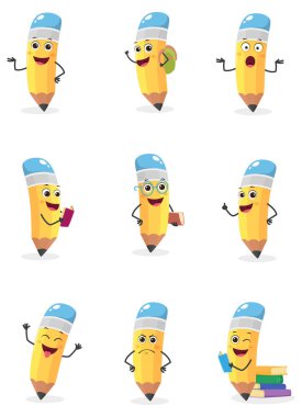 Şirin kalem çizgi film karakter setinin Vektör İllüstrasyonu