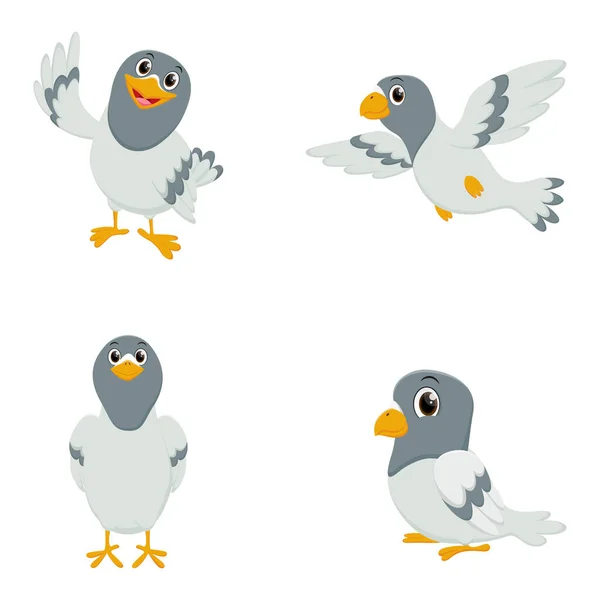 Ilustración Vectorial Del Conjunto Dibujos Animados Cute Pigeon Con Diferentes — Vector de stock