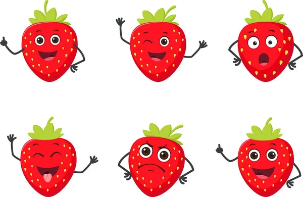 Vector Illustration Cute Strawberry Fruit Vector Character Set Isolated White — ストックベクタ
