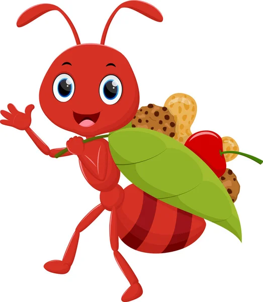 Vector Illustration Cartoon Happy Ant Carrying Food Leaf Basket — ストックベクタ