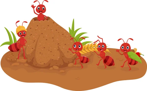 Vektor Illustration Der Cartoon Ameisenkolonie Die Zusammen Nahrung Zum Ameisenhügel — Stockvektor