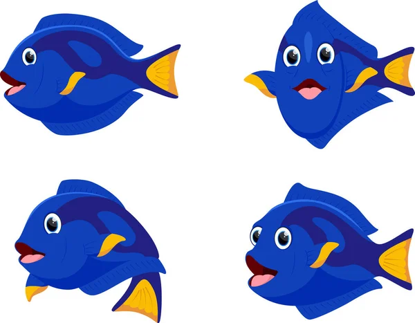 Conjunto Ilustración Vectorial Dibujos Animados Lindos Blue Tang Fish — Vector de stock