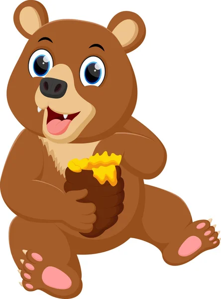 Vector Illustration Cartoon Funny Bear Sitting Eating Sweet Honey — Stock Vector