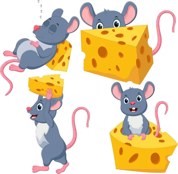 Çizgi film komik fare ve peynir koleksiyonunun vektör illüstrasyonu beyaz üzerine ayarlandı