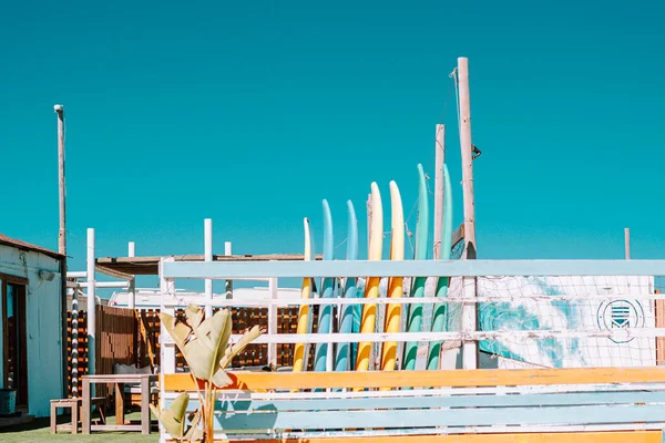 set of colourful surfboards in line at the beach