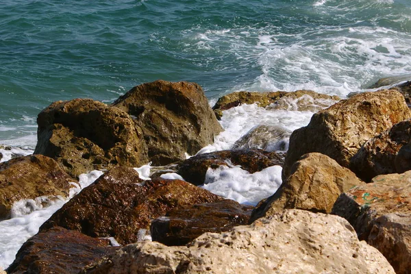 Kameny Březích Středozemního Moře Severním Izraeli Pláži Nahariya — Stock fotografie