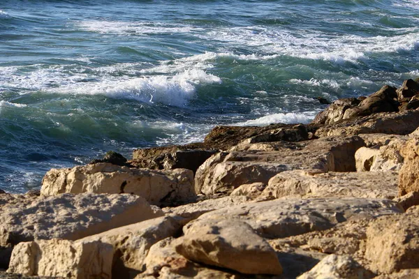 Pedras Nas Margens Mar Mediterrâneo Norte Israel Praia Nahariya — Fotografia de Stock