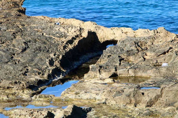 Altos Penhascos Pedras Nas Margens Mar Mediterrâneo Norte Estado Israel — Fotografia de Stock