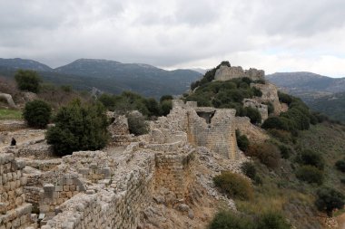 Ruins of the medieval fortress Nimrod (Mivtzar Nimrod) located in the northern Golan Heights in Israel. 