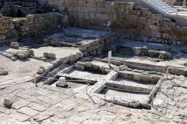 Antik amfitiyatro ve Akdeniz kıyısındaki Caesarea ulusal parkındaki alışveriş merkezlerinin kemerli tavanları. İsrail 