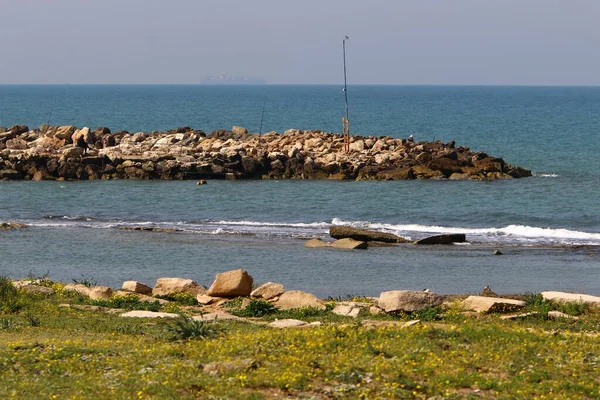 Breakwater Plaży Miejskiej Wybrzeżu Morza Śródziemnego — Zdjęcie stockowe