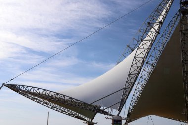 June 17, 2022 . A high sail is installed on the embankment in the city of Nahariya in northern Israel. 