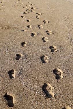 Footprints in the sand on the shores of the Mediterranean Sea.