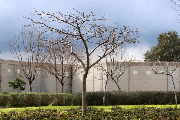 Taş ve betondan yapılmış yüksek bir duvar..