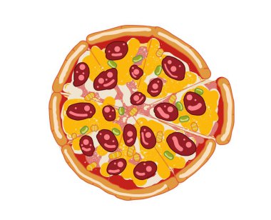 Lezzetli ve lezzetli pizza taze ve sağlıklı yemek yemeğe hazır öğle yemeği kahvaltısı fast food vektör ilüstrasyonu geleneksel.