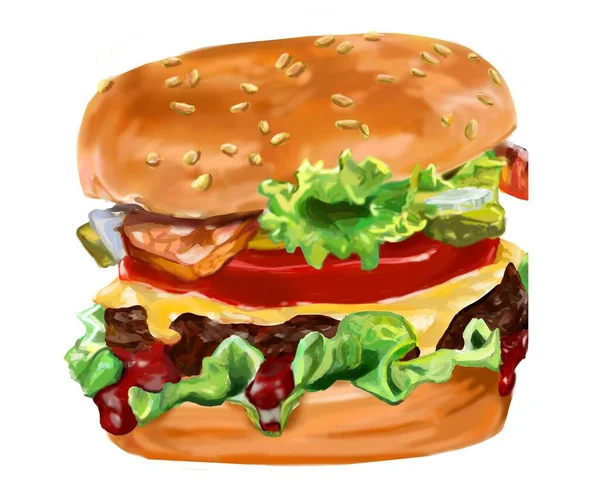 Tasty Delicious Hamburger Fresh Unhealthy Burger Food Meal Lunch Dinner — 스톡 벡터