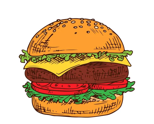 Lekkere Heerlijke Hamburger Vers Ongezond Hamburger Voedsel Maaltijd Lunch Ontbijt — Stockvector