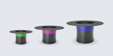 Beyaz arkaplanda izole edilmiş 3 boyutlu sihirbaz şapkaları.