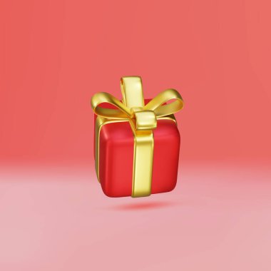 Kırmızı arka planda izole edilmiş 3D kırmızı hediye kutusu..