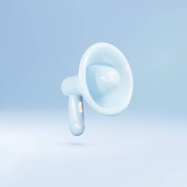 Gerçekçi 3D mavi megafon, mavi arka planda hoparlör..