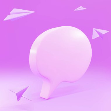 3D Pembe konuşma balonu mesajı ve pembe arka planda pembe uçaklar.