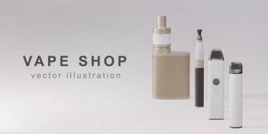 Vape shop için 3B tanıtım pankartı - gerçekçi buhar cihazları.