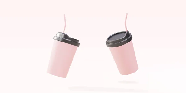 Two Pink Paper Coffee Cups Straw Pink Background — Vettoriale Stock