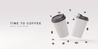 3d banner with realistic two paper coffee cups and coffee beans on a grey background.