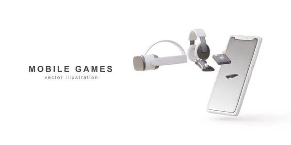 Concepto Jugador Con Smartphone Banner Controlador Consola Juegos Auriculares Joystick — Vector de stock