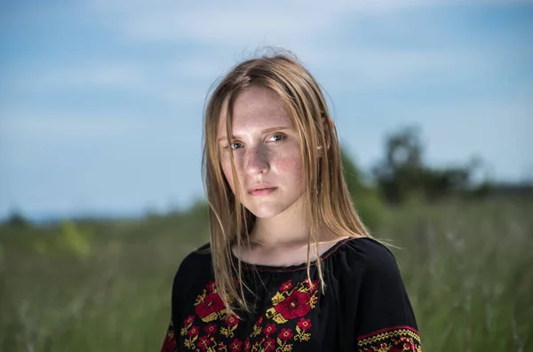 Beautiful Young Ukrainian Girl Traditional Ukrainian Clothes Field Summer Flowers — Stock Photo, Image