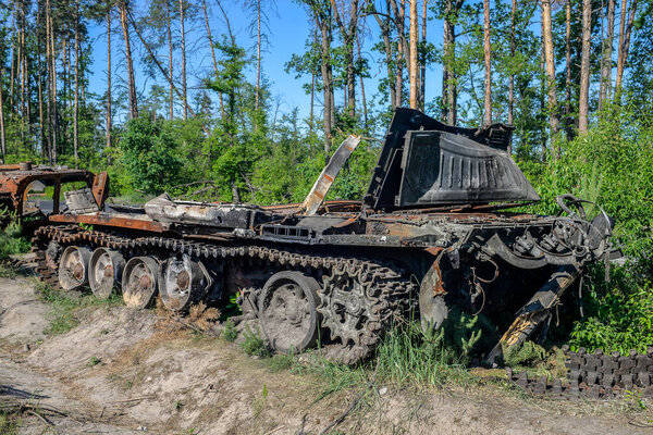 Dmytrivka , Lugansk regionUkraine-June 12, 2022: Ukrainian artillery smashed a convoy of Russian military equipment.